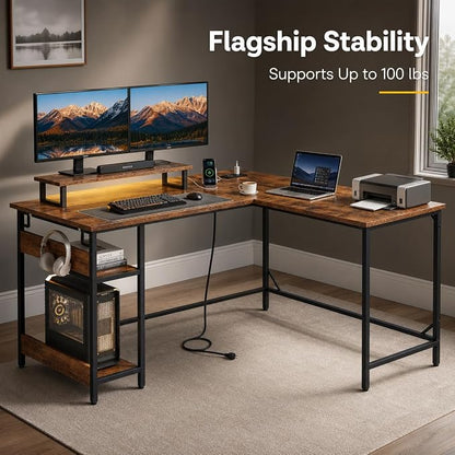 DEVAISE Full-Size 60" L Shaped Gaming Desk with LED Lights and Power Outlets - Reversible Corner Computer Table with Monitor Stand and Storage Shelves for Work and Gaming, Rustic Brown
