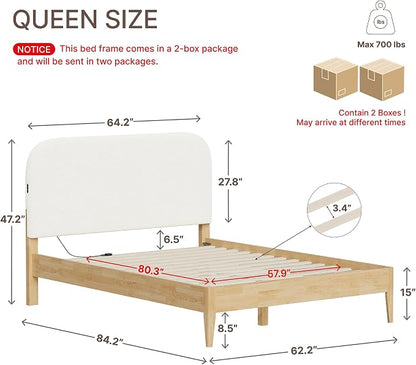 KISLOT Wood Bed Frame with USB & Type-C Charging, Boucle Platform Bed with Upholstered Headboard Mattress Foundation No Box Spring Needed Easy Assembly