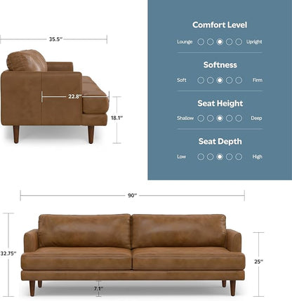 SIMPLIHOME Livingston Sofa - 90 inch Wide Top Grain Genuine Leather Sofa in Caramel Brown, Mid-Century Modern 3-Seater Couch for Living Room with Feather-Wrapped Cushions and Solid Wood Frame