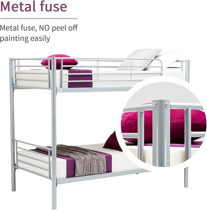 Metal Bunk Bed Twin Over Twin - with Removable Ladder and Guard Rail - Space Saving Design - Easy Assembly -Silver Grey