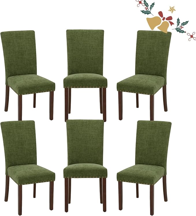 Parsons Dining Chairs Set of 6, Upholstered Nailhead Dining Room Kitchen Side Chair with Thick Cushions and Wood Legs, Green