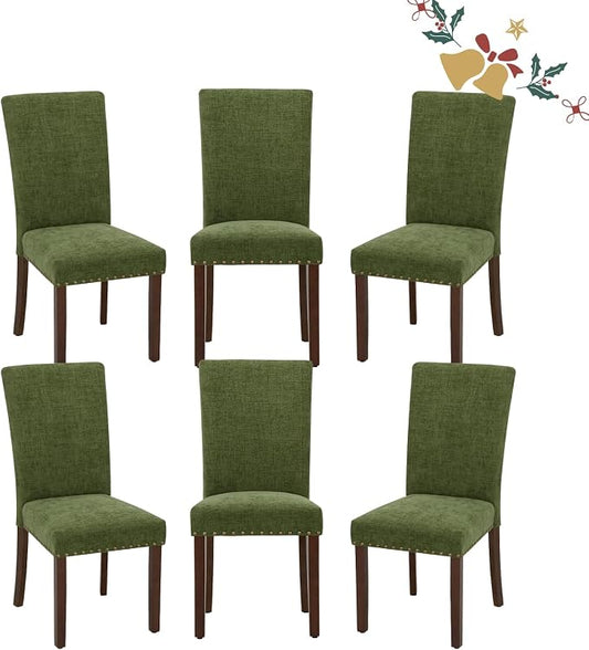 Parsons Dining Chairs Set of 6, Upholstered Nailhead Dining Room Kitchen Side Chair with Thick Cushions and Wood Legs, Green
