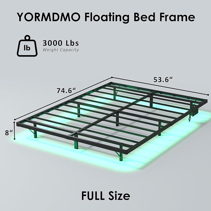 YORMDMO Floating Bed Frame Full Size, Heavy Duty Bedframe with Smart LED Lights & Charging Station, Modern Metal Platform Bed, Easy Assembly No Box Spring Needed, 8 Inch