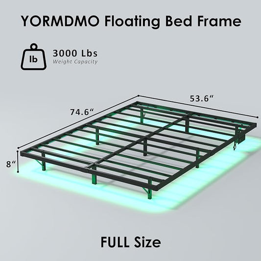 YORMDMO Floating Bed Frame Full Size, Heavy Duty Bedframe with Smart LED Lights & Charging Station, Modern Metal Platform Bed, Easy Assembly No Box Spring Needed, 8 Inch