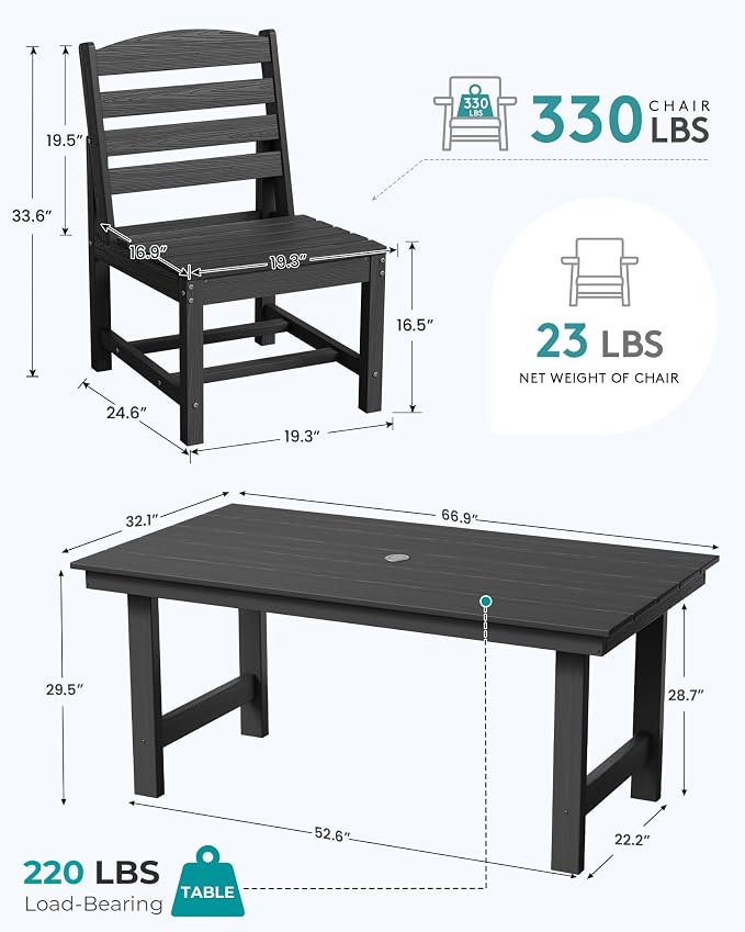 SERWALL Patio Dining Sets for 6 Person, HDPE Dining Set with 6 Armless Chairs, Black