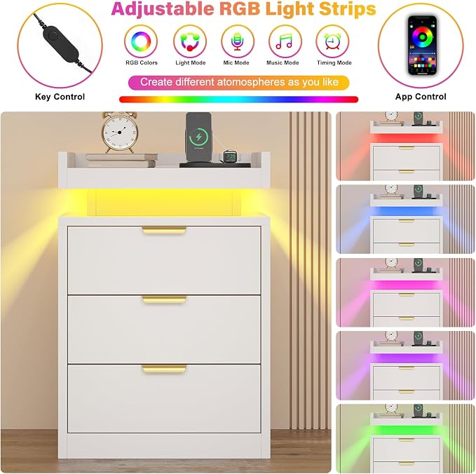 knoworld LED Nightstand Set of 2 with Charging Station & USB Ports, 3-Drawer Bedside Table with Adjustable RGB LED Lights, High-Gloss Modern Nightstands for Bedroom, White