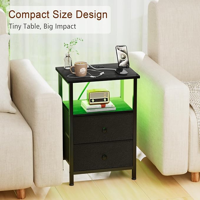 LOAKEKEL LED Night Stand with Charging Station, Small Bedside Table with USB Ports & Outlets, 2 Fabric Storage Drawers with PU Finish for Bedroom, Black, HETS02BK-1