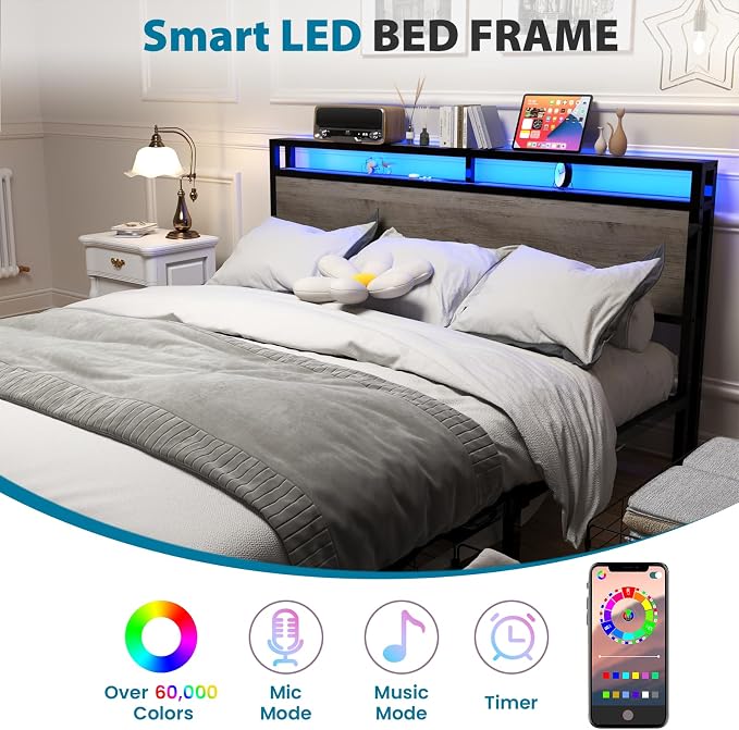 Kiivakii Queen Size Bed Frame with 4 Storage Drawers, LED Platform Bed with Headboard, Built in Charging Station, Noise-Free, Metal Support Base, No Box Spring Needed, Gray
