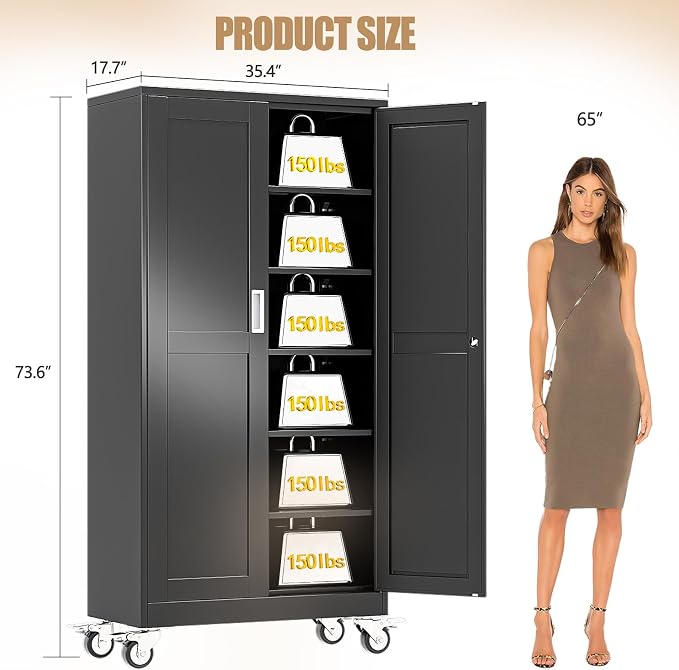 74" H Metal Pantry Storage Cabinet with Wheels,Rolling Kitchen Pantry Cabinet with 2 Doors and 5 Adjustable Shelves, Locker Steel Cabinet,Organization Cabinet for Garage,Home,Gym,School,Black