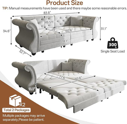 83.8" Oversized Pull Out Sofa Bed, Chesterfield Velvet Sleeper Sofa Couch with Roll Arm & Flower Tufting, Heavy Duty Metal Frame Convertible Sofa for Living Room, Apartment, Guest Room, Light Grey