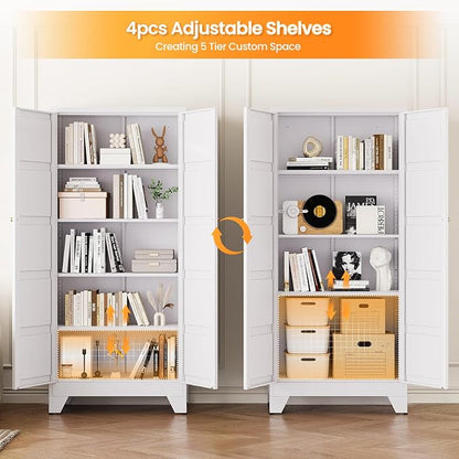 71" Tall Kitchen Cabinet Storage Unit With 2 Doors and 4 Adjustable Shelves, Metal White Freestanding Cupboard, 5 Tier Kitchen Pantry Storage Cabinet for Kitchen Dining/Living Room/Garage/Home/Office
