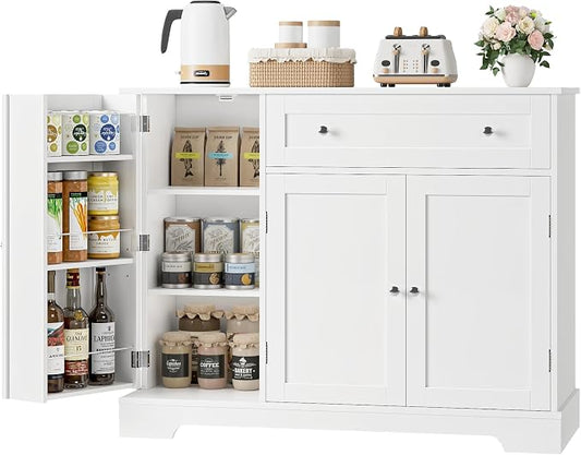 HOSTACK Buffet Cabinet with Storage, Modern Sideboard Buffet with Doors, Wood Coffee Bar Kitchen Storage Cabinet with Drawer and Adjustable Shelf for Kitchen, Dining Room, Living Room, White