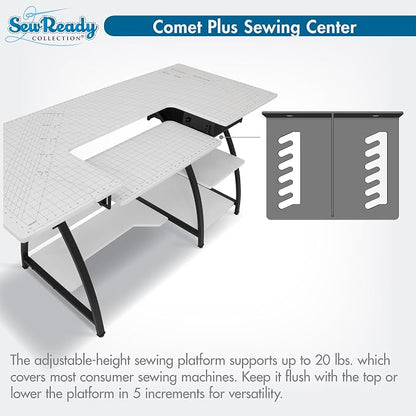 Sew Ready Comet Plus Craft Sewing Table, 56.75 x 23.5" Overall Platform Size with Accurate Fabric Cutting Grid-Top and Storage Drawer, Black/White