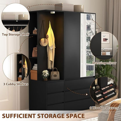 Black Wardrobe Closet with Mirror and LED Light, Armoire Wardrobe with 6 Drawers, Hanging Rod, Open Shelves, Freestanding Bedroom Storage Cabinet