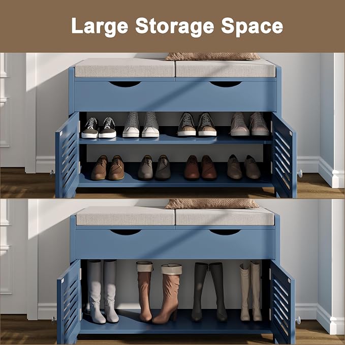 ChooChoo Shoe Storage Bench with Lift Top Storage, Entryway Bench with 2 Cushioned Seats, 3 Compartments, Adjustable Shelf, Shoe Cabinet for Entryway, Bedroom, Living Room, Blue