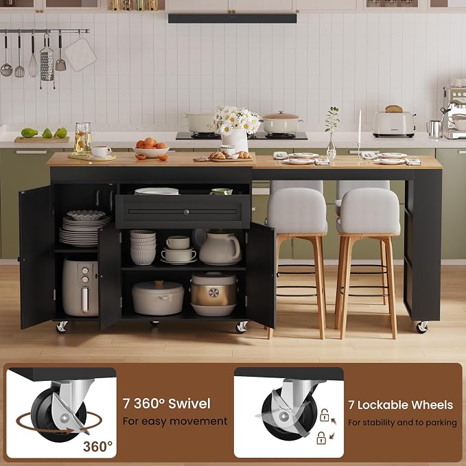 Expandable Kitchen Island with Storage Drawer and Wheels, Black | Rubberwood top expands 48.4"-82.6". Spacious drawer, 2 cabinets, 2 shelves, spice rack & towel bar. Lockable casters.