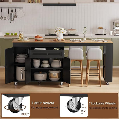 Expandable Kitchen Island with Storage Drawer and Wheels, Black | Rubberwood top expands 48.4"-82.6". Spacious drawer, 2 cabinets, 2 shelves, spice rack & towel bar. Lockable casters.