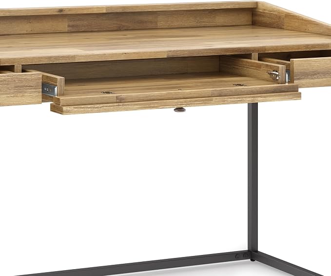 SIMPLIHOME Ralston Desk - 60 Inch Wide Solid Acacia Wood and Metal Writing Desk in Distressed Golden Wheat, Modern Industrial Home Office Computer Table with 2 Drawers and Flip-Down Keyboard Tray