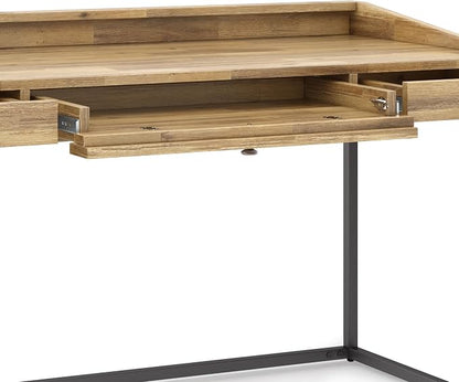 SIMPLIHOME Ralston Desk - 60 Inch Wide Solid Acacia Wood and Metal Writing Desk in Distressed Golden Wheat, Modern Industrial Home Office Computer Table with 2 Drawers and Flip-Down Keyboard Tray