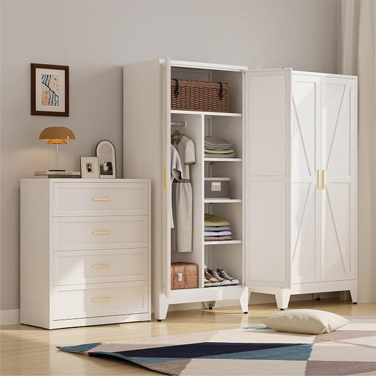 Metal armoire Wardrobe Closet with Hanging Rod,71'' Metal Wardrobe Cabinet with 2 Doors and 4 Adjustable Shelves, Bedroom armoires,Laundry Room cabinets,armario de ropa Closet(Modern, White)
