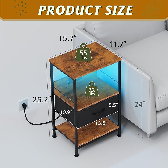 WLIVE Night Stand with Charging Station, LED Nightstand with Fabric Drawer and Open Shelf, Small Bedside Table for Bedroom, Dorm, Small Space, Black and Rustic Brown
