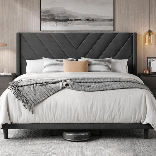 Yaheetech King Bed Frame Upholstered Platform Bed/Wooden Slat Support/Tufted Headboard with Wing Side/Mattress Foundation/No Box Spring Needed,Dark Gray King