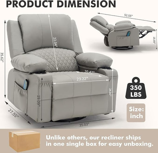 Faux Leather Recliner Chair with Heat and Massage Cup Holder, Overstuffed Swivel Rocker Recliner Chair Rocking Glider Chair Lounge Chair, Light Grey