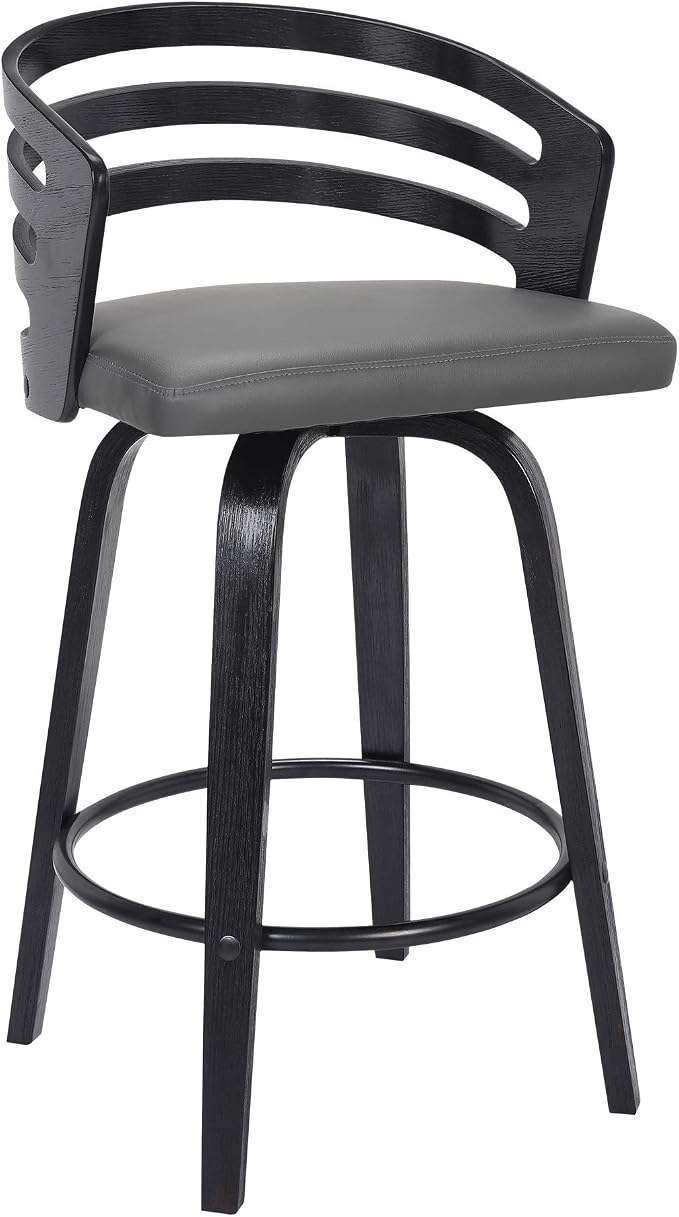 Armen Living Jayden Modern 26" Seat Height Swivel Grey Faux Leather and Black Wood Bar Stool for Kitchen Island Counter