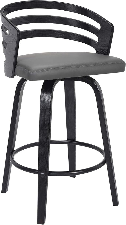 Armen Living Jayden Modern 26" Seat Height Swivel Grey Faux Leather and Black Wood Bar Stool for Kitchen Island Counter