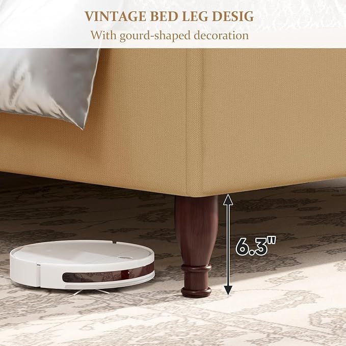 koorlian Queen Upholstered Bed Frame with 51'' Tall Headboard, Warm Brown | Reinforced Platform Bed, Easy Assembly, Soft Fabric, Sleigh Wingback, Solid Wood Retro Legs, Noise-Free, Classic & Simple