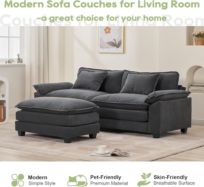 Oprisen 86" Modular Sectional Sofa, Comfy Cloud Couch Sectional Sofa with Ottoman, Velvet Sofa Sleeper Deep Seat Sofa with Throw Pillows for Living Room (Blue Gray, 86"- L Shape)