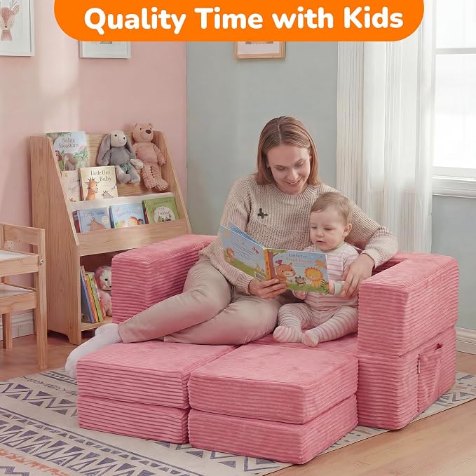 MeMoreCool Pink Corduroy Kids Play Couch, Modular Toddler Couch for Girl's Bedroom, Convertible Foam Kids Sofa Fold Out, Washable Cover, Playroom Furniture for Girls Ages 1-5