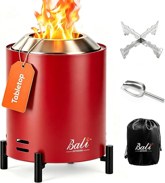 BALI OUTDOORS 6.5 inch Tabletop Fire Pit Round, Stainless Steel Table Top Firepit Small, Outdoor Smokeless Firepit Portable, Red