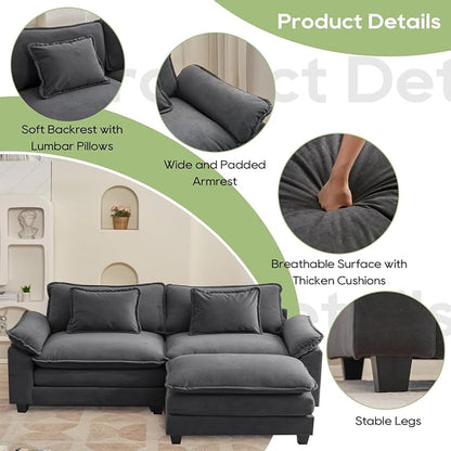 Oprisen 86" Modular Sectional Sofa, Comfy Cloud Couch Sectional Sofa with Ottoman, Velvet Sofa Sleeper Deep Seat Sofa with Throw Pillows for Living Room (Blue Gray, 86"- L Shape)