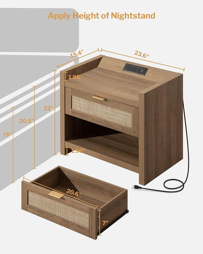 SICOTAS Night Stand Bed Side Table - Rattan Nightstand with Type-C Charging Station,Drawer Storage End Table - Boho Bedside Night Stands for Bedroom - Natural Oak
