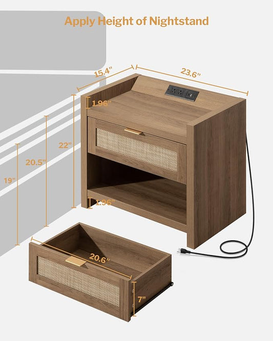 SICOTAS Night Stand Set of 2 Nightstands - Rattan Bed Side Table with Drawer Storage,Type-C Charging Station End Table - Boho Bedside Night Stands for Bedroom - Natural Oak