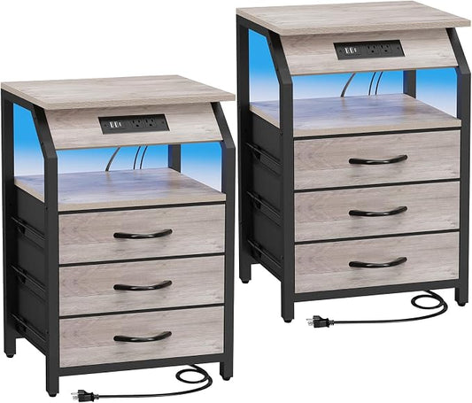 SZLHANJZ Night Stand Set of 2, Nightstands with Charger Station and LED Lights, End Tables Set with 3 Fabric Drawers, Storage Side Tables for Bedside, Living Room, Greige