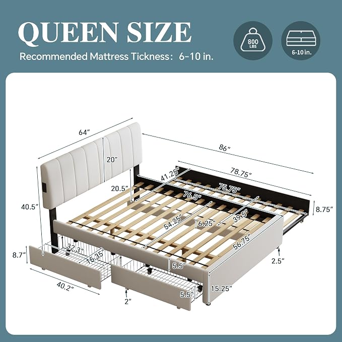 Queen Size Upholstered Platform Bed w/Trundle Bed & 2Storage Drawers | Twin Size Trundle,Two Drawers,LED Lighting Controlled by APP, USB+Type-C Charging Ports,Chenille Upholstered Bed Frame,Beige