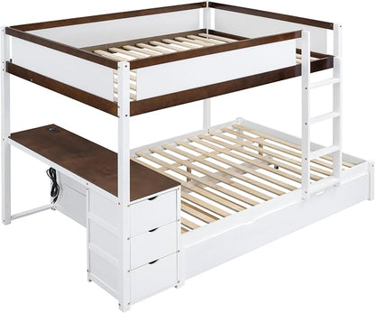 Harper & Bright Designs Full Over Full Bunk Bed Twin Size Trundle, Wood Full Bunk Bed with USB Ports, Storage and Desk, White+Walnut