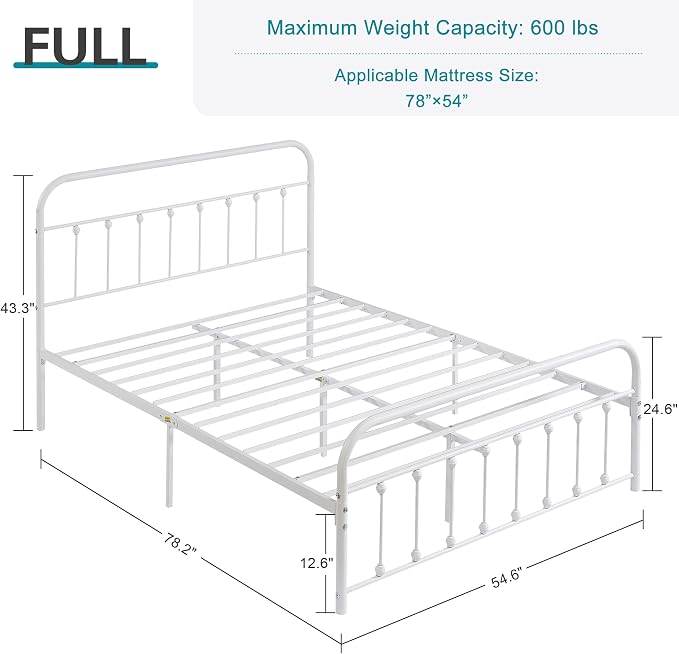 VECELO Classic White Victorian Style Metal Bed Frame with Headboard and Footboard Under Bed Storage No Box Spring Needed Strong Slat Suppor Bed Frame Full Size