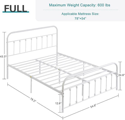 VECELO Classic White Victorian Style Metal Bed Frame with Headboard and Footboard Under Bed Storage No Box Spring Needed Strong Slat Suppor Bed Frame Full Size