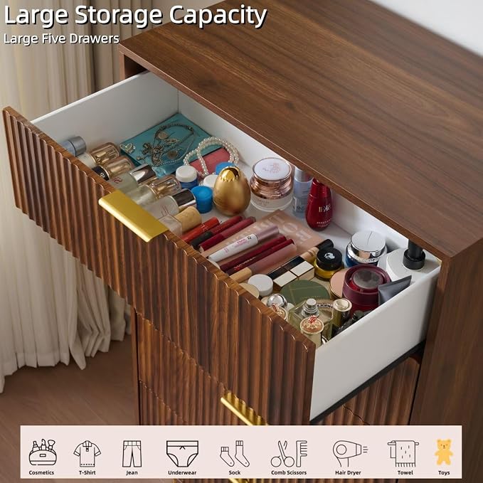48" Tall Dresser for Bedroom with 5 Drawers, Mid Century Modern Wood Chest of Drawers, 30" Wide Fluted Closet Clothes Storage Organizer Dressers for Living Room, Hallway, Dark Walnut