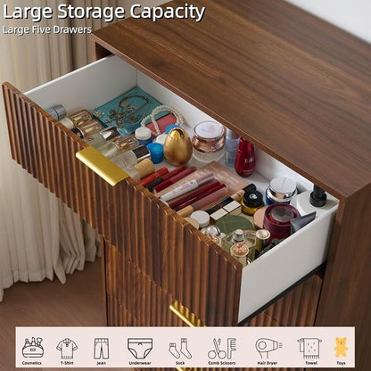 48" Tall Dresser for Bedroom with 5 Drawers, Mid Century Modern Wood Chest of Drawers, 30" Wide Fluted Closet Clothes Storage Organizer Dressers for Living Room, Hallway, Dark Walnut
