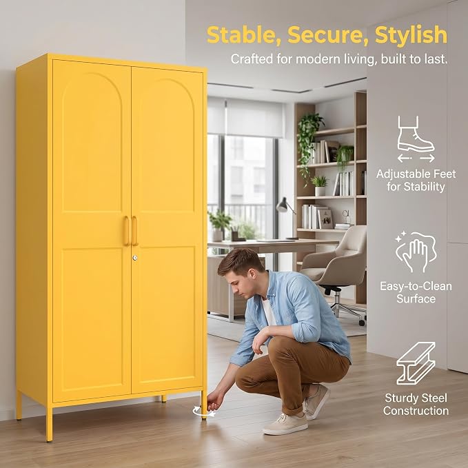Lockable Yellow Tall Metal Wardrobe 67 Inch, Vintage Arched Door Steel Storage Cabinet with Adjustable Shelves & Leveling Feet for Home Office Bedroom Size：67" H x 31.5" W x 18.1" D
