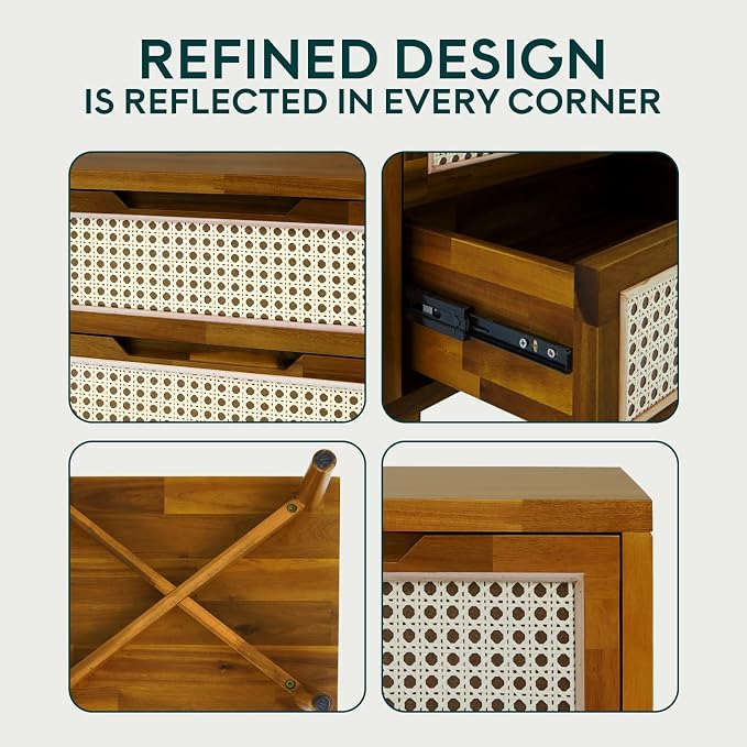 Bme Oliver Solid Wood Rattan Nightstand/Side Table/End Table, Fully Assembled, for Bohemian & Mid Century Style Bedroom and Living Room, Caramel | Fully Assembled