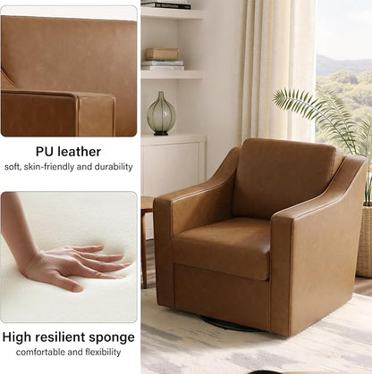Swivel Accent Chair, Modern Round Barrel Arm Chair for Living Room, Bedroom, Comfy Club Reading Chairs for Adults (Leather Brown, Set of 2)