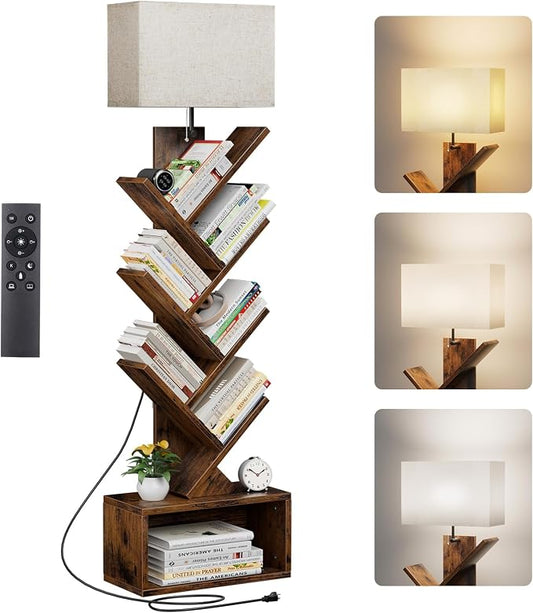 Evermagin 6 Tier Tree Bookshelf with Smart Light, Small Bookcase Tower with Remote Control, Tall Floor Standing Book Organizer for Living Room, Bedroom & Home Office, Rustic Brown