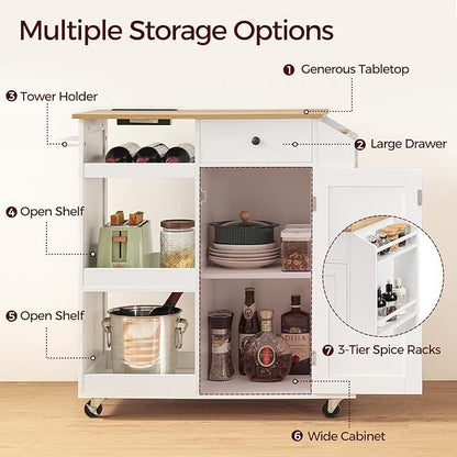 MAHANCRIS Kitchen Island with Power Outlet, Kitchen Storage Island with Drawer, Rolling Kitchen Cart on Wheels, Spice Rack, Towel Rack, Wine Rack, for Dining Room, White and Walnut KIBZ122E01