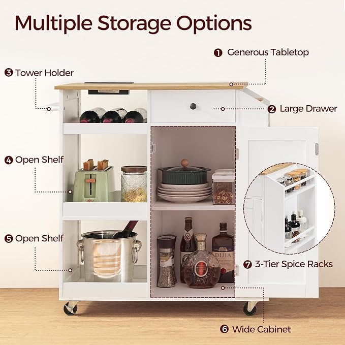 MAHANCRIS Kitchen Island with Power Outlet, Kitchen Storage Island with Drawer, Rolling Kitchen Cart on Wheels, Spice Rack, Towel Rack, Wine Rack, for Dining Room, White and Natural KINW122E01N1