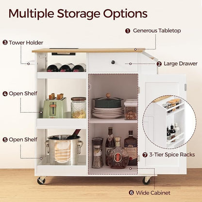 MAHANCRIS Kitchen Island with Power Outlet, Kitchen Storage Island with Drawer, Rolling Kitchen Cart on Wheels, Spice Rack, Towel Rack, Wine Rack, for Dining Room, White and Natural KINW122E01N1
